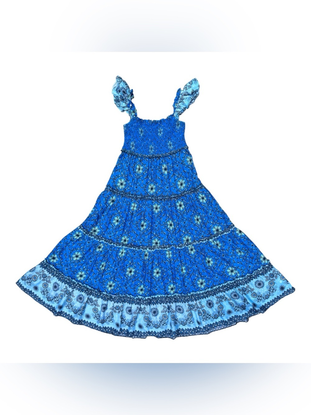 Love The Label Blue Floral Tiered Ruffle Maxi Dress Smocked Cotton - L